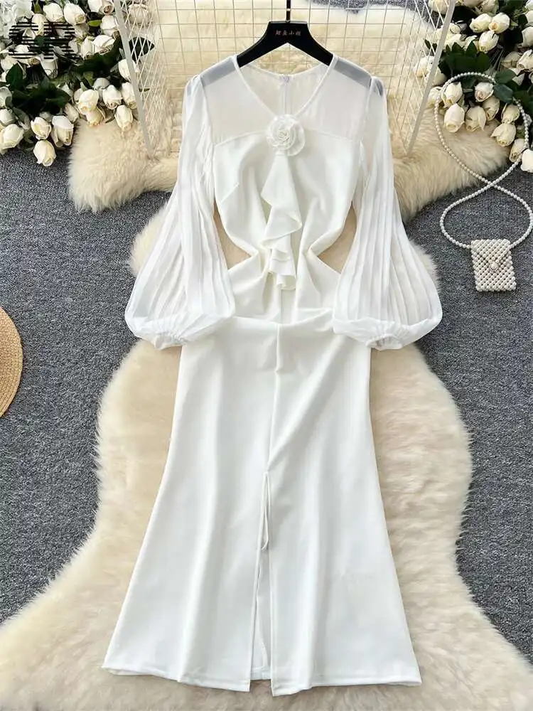 BabYoung 3D Rose ฤดูใบไม้ร่วงโคมไฟแขน V คอซิปออกแบบแยกผู้หญิงแฟชั่นอาวุโส SHEER ชุดยาว