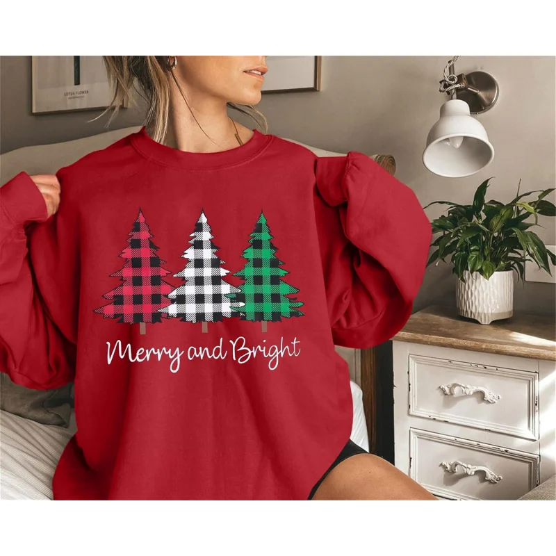 Women's Oversized Christmas Sweatshirt, Joyful And Bright Shirt, Checkered Printed Pullover, Long Sleeved Top