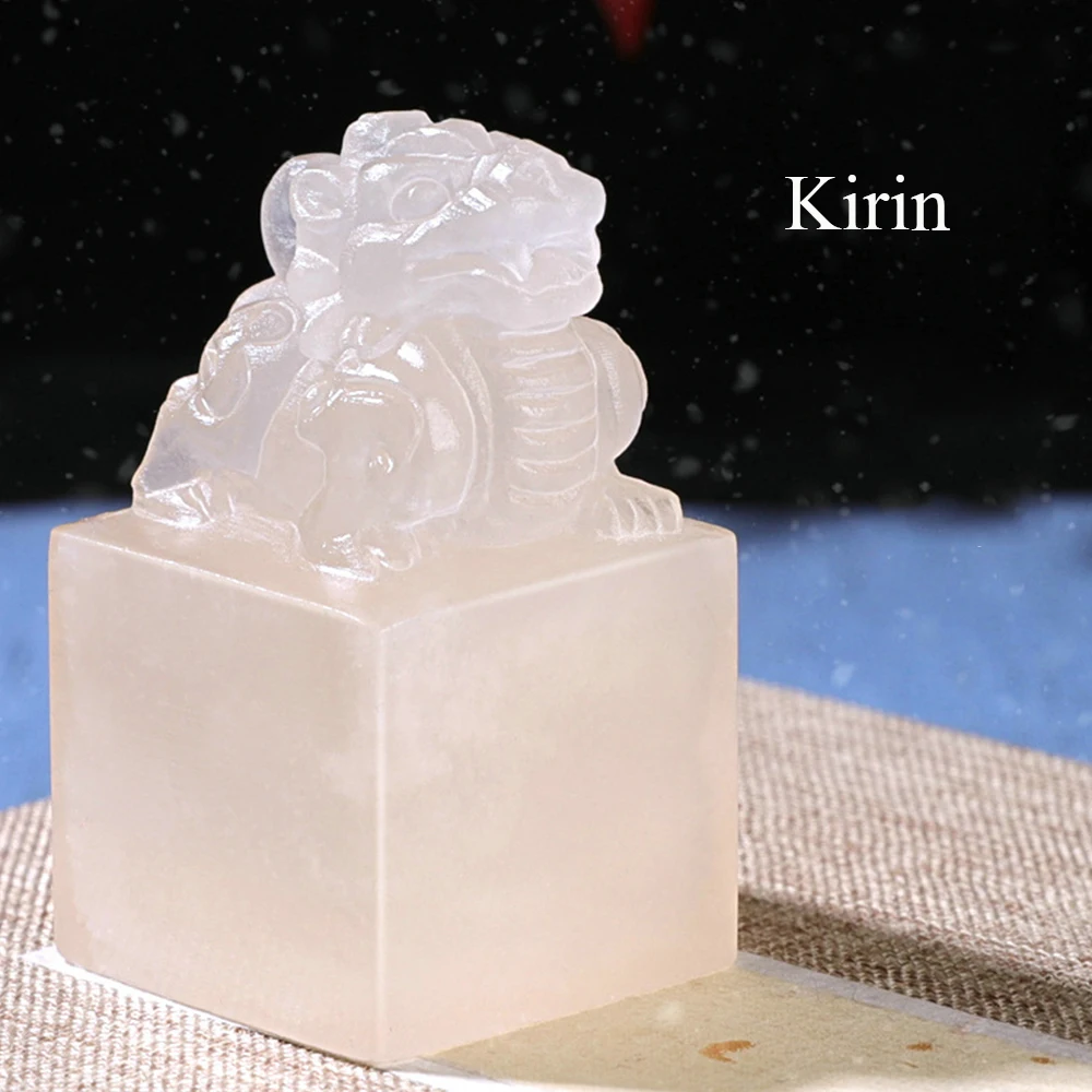 Custom Name Stamp With Storage Bag Inkpad Chinese Style Brave Troops Kirin Name Seals White Color Natural Stone Personal Seal