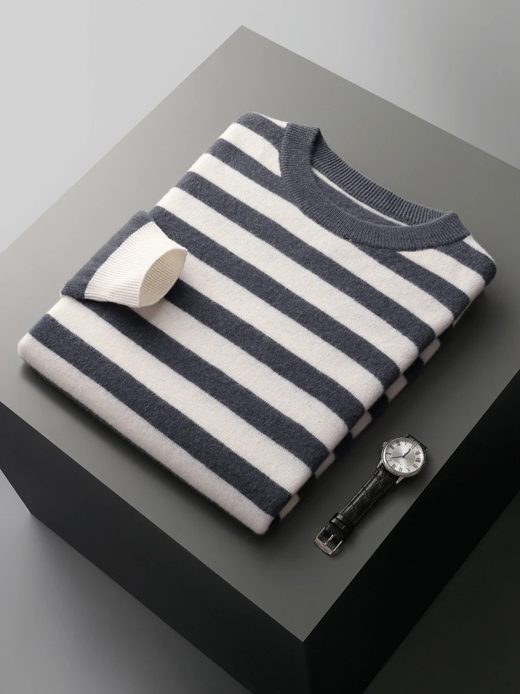 New Autumn Winter Men's Cashmere Sweater O-Neck Striped Pullover 100% Merino Wool Knitwear Big Size Soft Casual Top Clothing