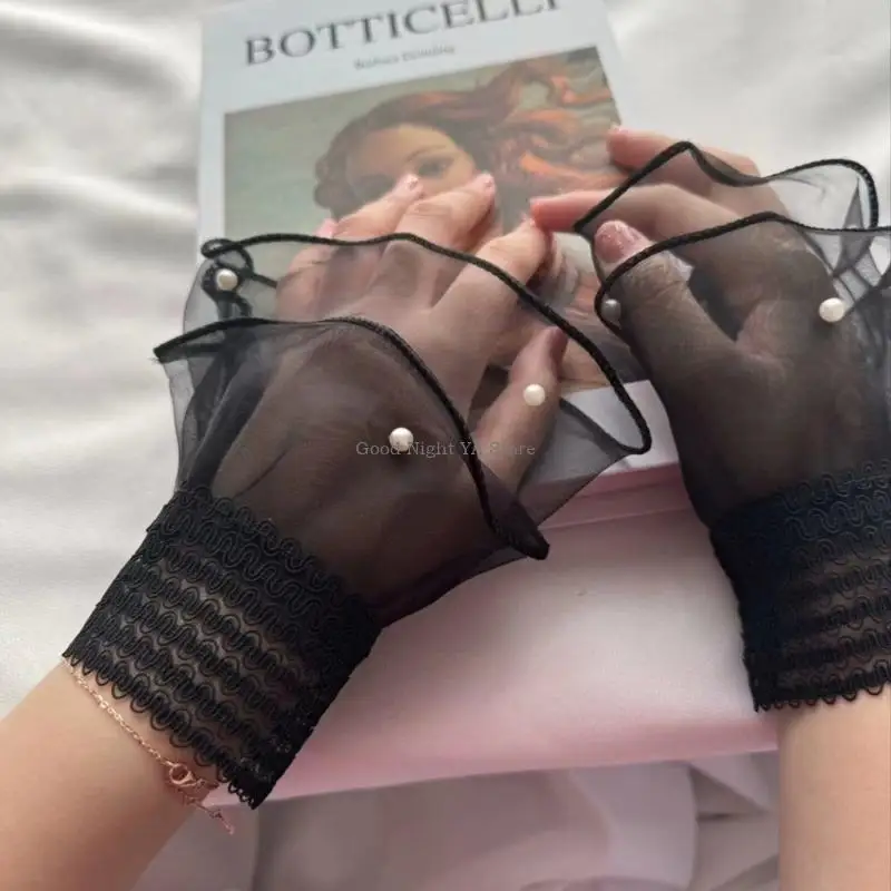 

Мягкие многослойные сетчатые перчатки с кружевной отделкой, жемчугом, расшитым бисером, на запястье, со съемными искусственными