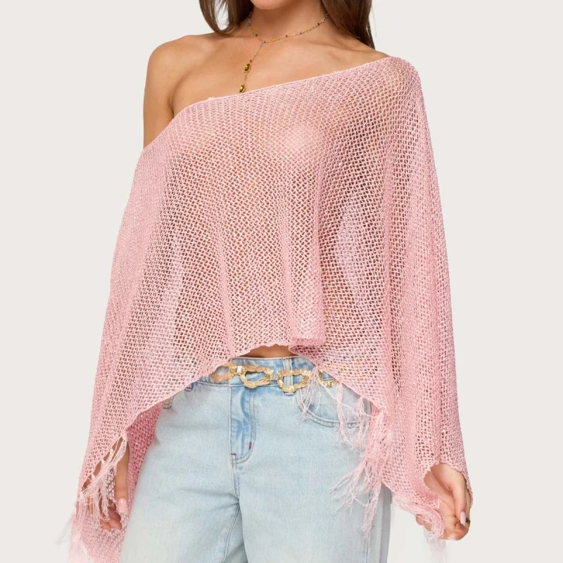 Häkelstrick-Badeanzug-Vertuschungen für Damen mit Quasten am Saum, lockere Passform, aushöhlen, durchsichtige, schulterfreie Strickpullover-Oberteile