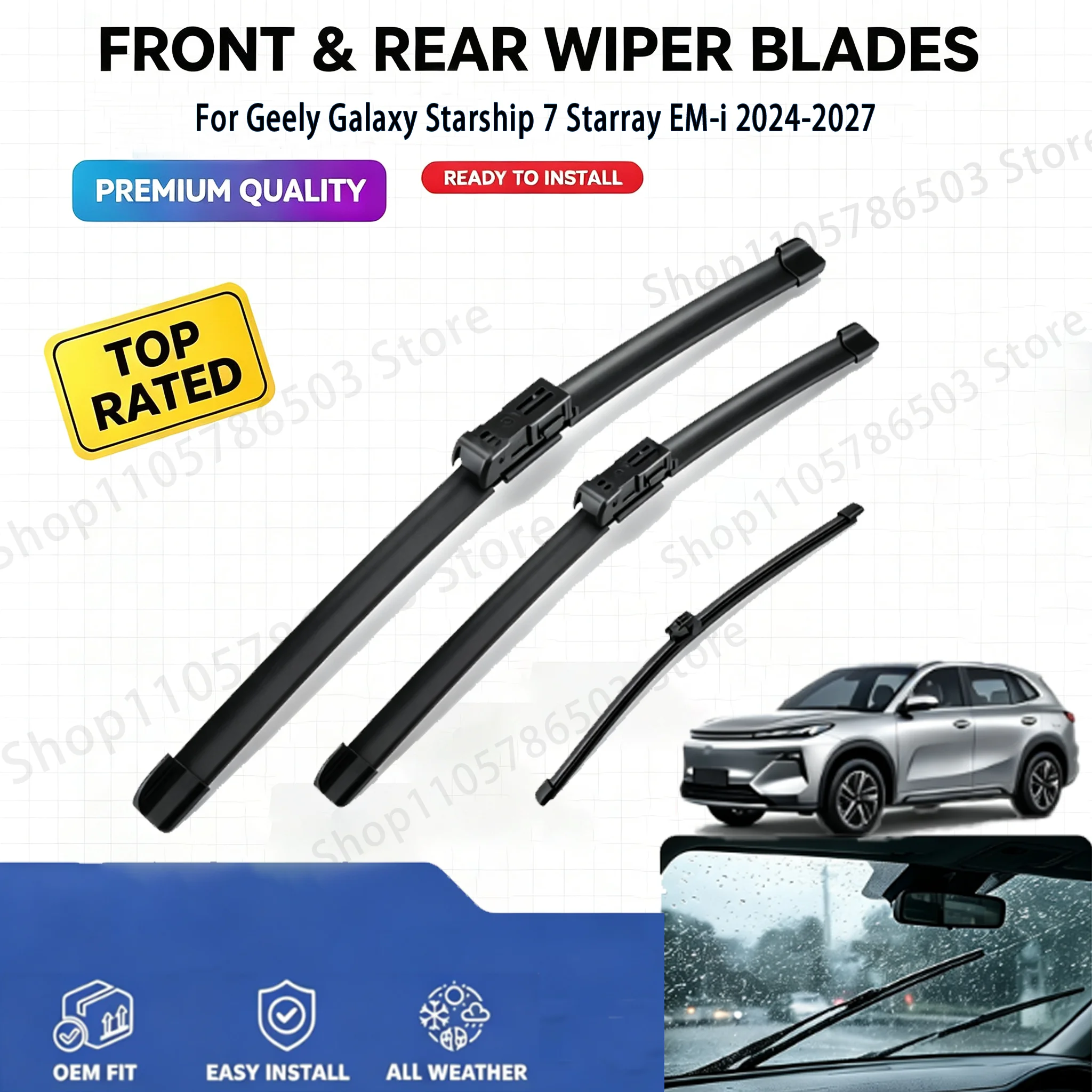 Quiet Wiper Blades Set For Geely Galaxy Starship 7 Starray EM-i 2024-2027 24" 19" 13" Premium Rubber All-Weather