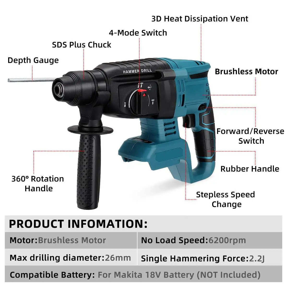 Drillpro 4 Function Brushless Cordless Electric Rotary Hammer Drill Rechargeable Hammer 26mm Impact Drill for 18V Makita Battery