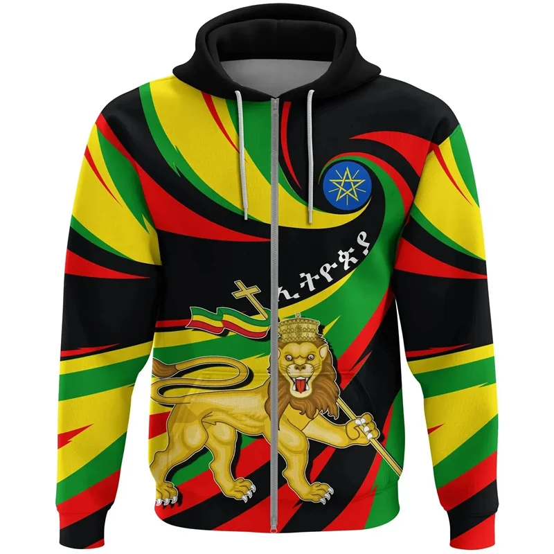 Ethiopia Lion Emblem Graphic Hoodies For Men Zip Up Hoodie Fashion Streetwear Ethiopia Zipper Sweatshirts Mens Hooded Pullovers