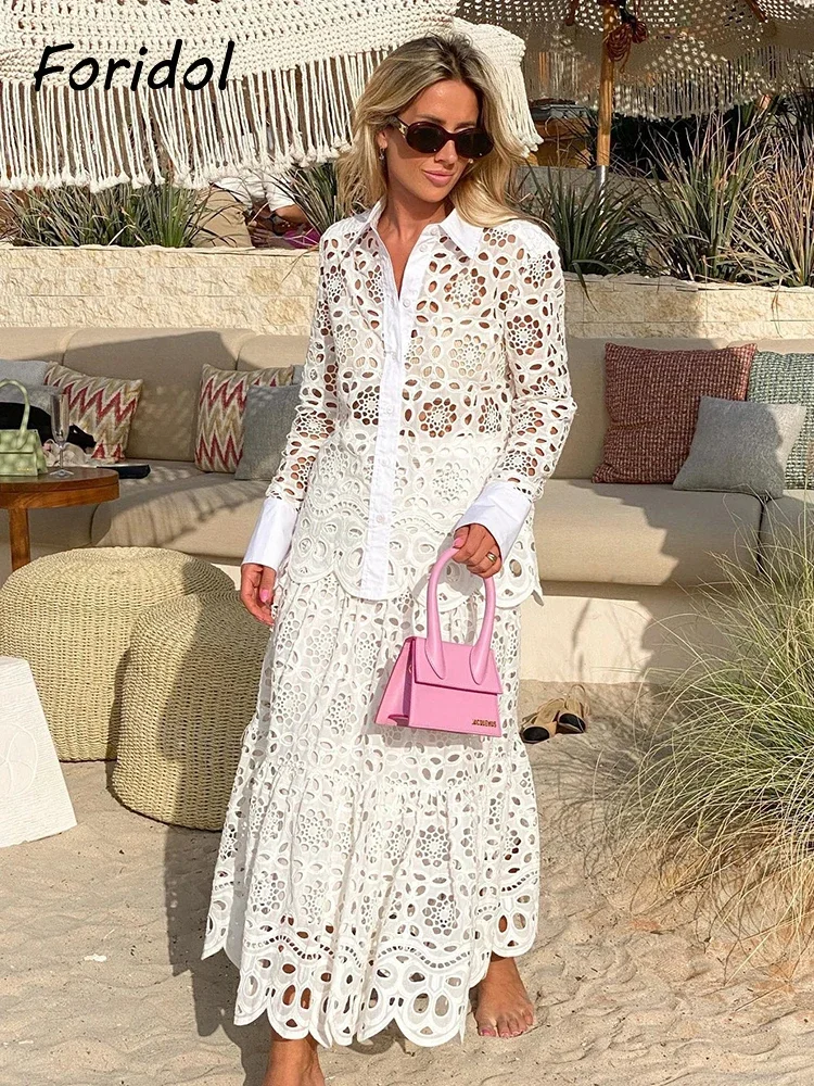 Spring Women Summer White Lace Dress Set Hollow Out Embroidery Shirt Skirt 2 Pcs Robe Outfits Single Breasting Cotton Maxi Dress