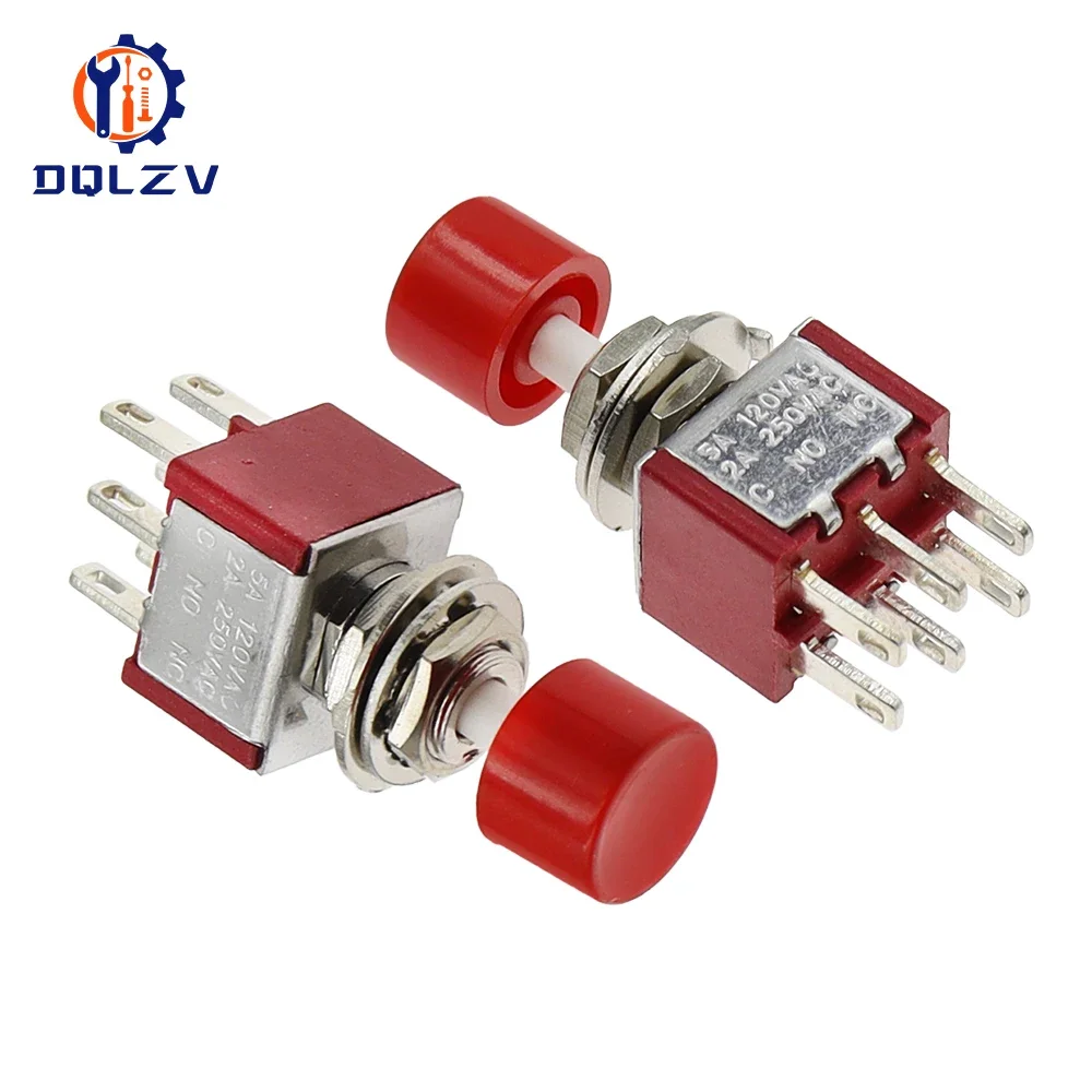 5 szt. 10 szt. PS-202 Mini 6mm 6Pin SPDT DPDT przełącznik chwilowy przycisk 2A 250VAC 5A 120VAC przełącznik dwupozycyjny z czerwona czapka