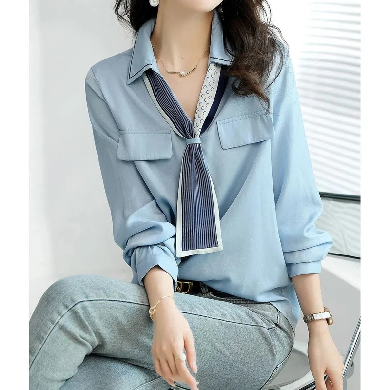 Spring New Office Lady Simplicity V Neck Blouse Long Sleeve Polo Neck Solid Color Loose Shirt Tops Elegant Fashion Women Clothes