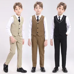 Children Spring Khaki Vest Shirt Pants Tie Photograph Suit Boys Formal Ceremony Tuxedo Dress Kids Wedding Performance Costume