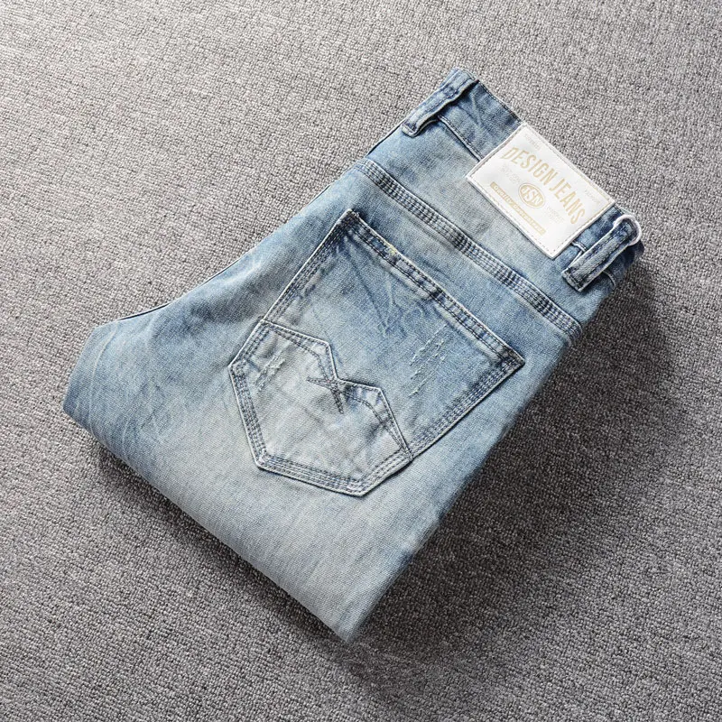 Newly Designer Fashion Men Jeans High Quality Retro Light Blue Stretch Slim Fit Hole Ripped Jeans Men Vintage Denim Pants Hombre