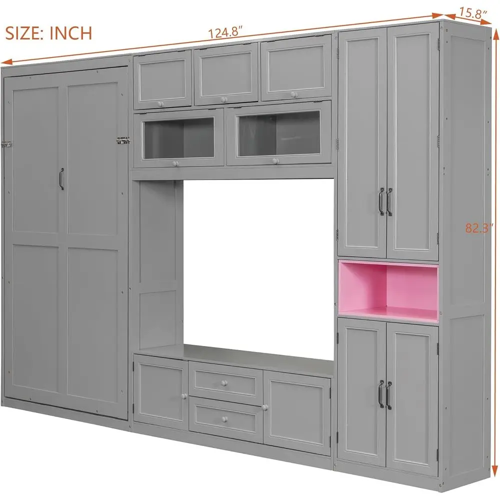 Grey Twin-Size Wall-Mounted Murphy Bed with TV Stand, Desk, Shelves, and Cabinet Storage