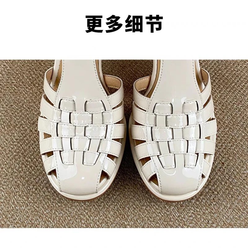 Baotou Thick Heel Sandals Women\'s Summer New Leather High Heels Hollow Fashion Woven Women\'s Shoes Sandalias Mujer