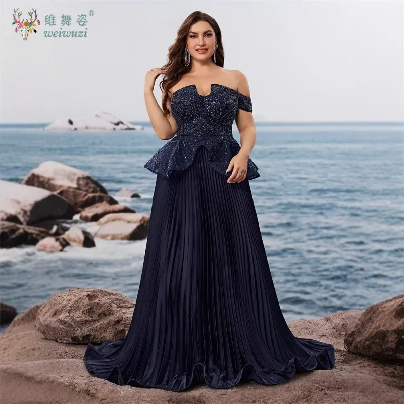 

Plus Size Elegant Sequins Strapless Splicing Satin Pleated Formal Evening Dresses Long Women Luxury Wedding Party Cocktail Gowns