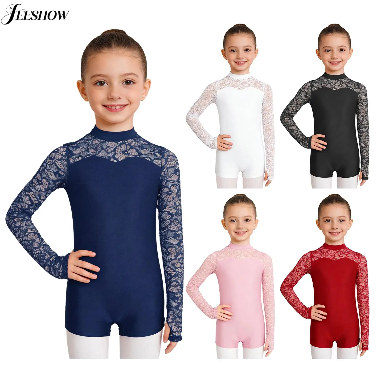 Kids Girls Gymnastics Dance Leotard Floral Lace Patchwork Long Sleeve Keyhole Back Rompers Figure Skating Ballet Dance Costume
