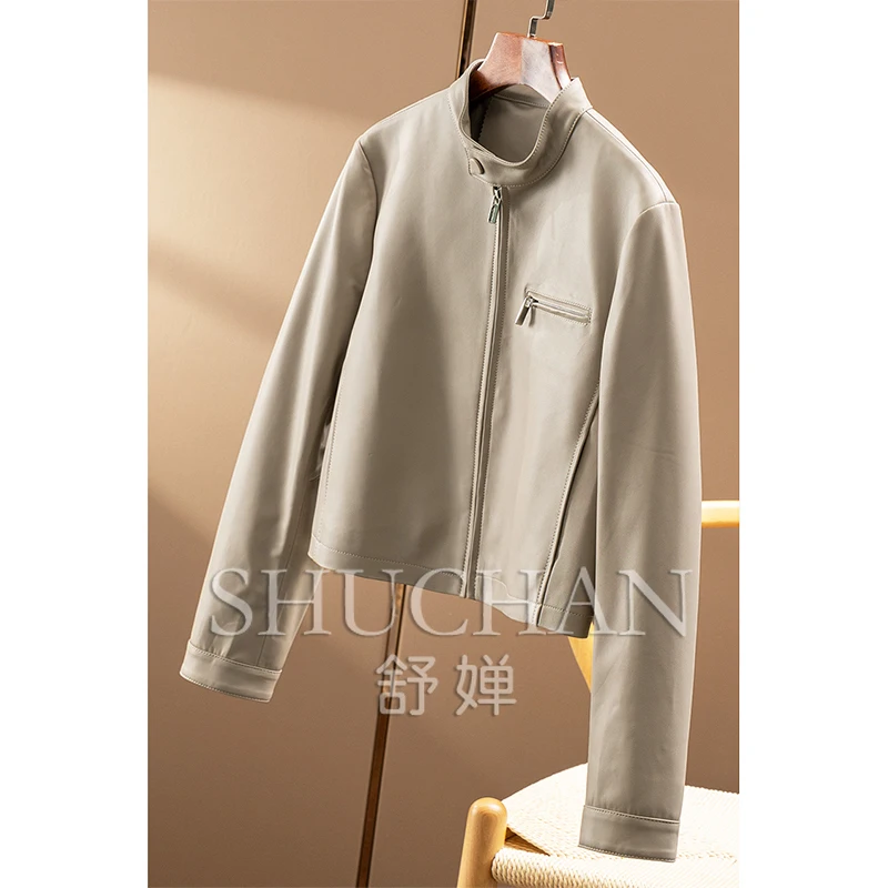Locomotive Wind Cabinet Lightly Painted Sheepskin Stand-up Collar Jacket Leather Jacket Short Coat Women 14E4