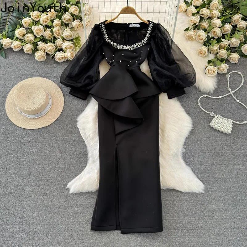 Temperament Robe Femme Party Dresses for Women Gauze Lantern Sleeve Square Collar Beading Split Dress 2024 Vestidos De Mujer