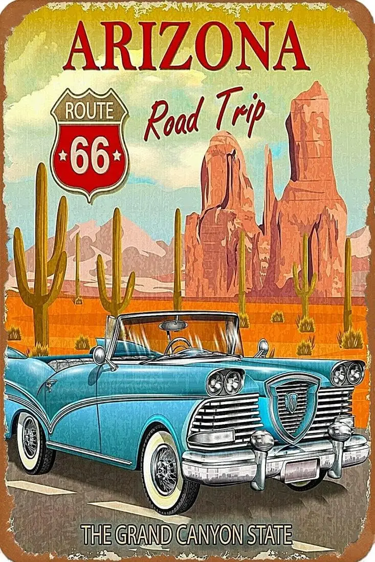 Rustic Vintage Look Metal Signs Arizona Route 66 Road Trip United States Retro Travel Advertisement Art Print Tin Poster Wall De
