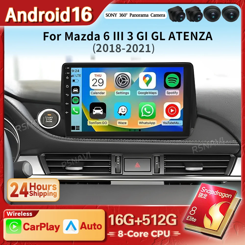 Android 16 Carplay Auto 2K Screen Car Radio Multimedia Video Player For Mazda 6 III 3 GJ GL 2018 - 2021 Autoradio Snapdragon