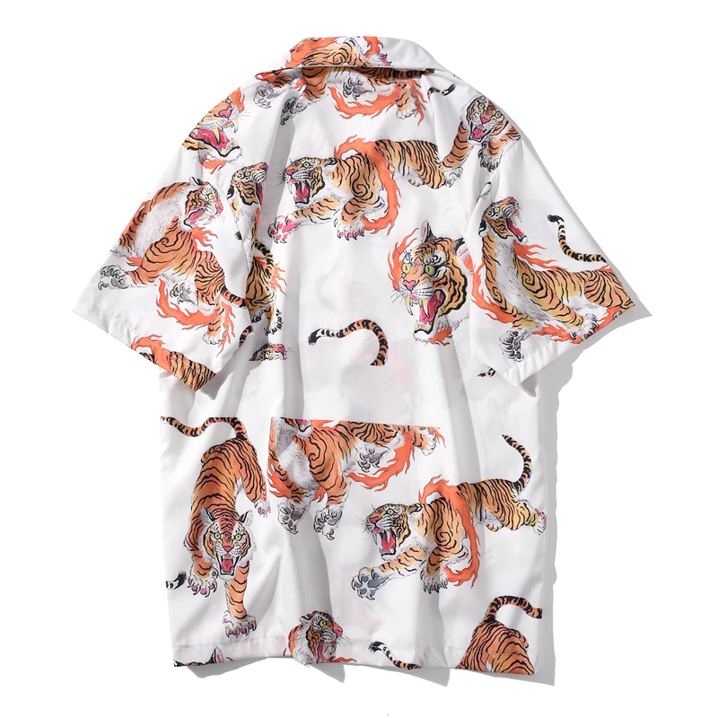 Dark Icon Tiger Full Print Vintage Street Mens Shirt Button Down Collar Holiday Beach H