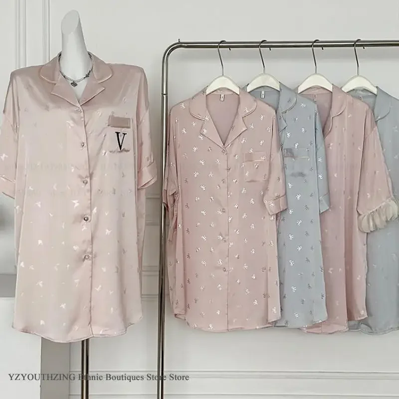 

Summer New Women Nightgown Sleepshirt Loose Casual Home Dressing Gown Pink Silk Satin Nightdress Bathrobe Female Loungewear