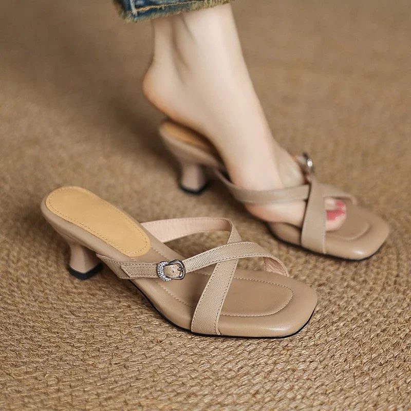 

High Heels Slippers Women Square Toe Heeled Shoes Fashion Summer Woman Sandals 2025 Designer Dress New Pumps Mujer Zapatillas