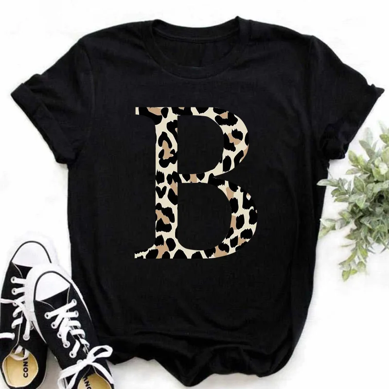 26 English Alphabet Leopard Print Women T Shirt Short Sleeve O Neck Loose Women Tshirt Ladies Tee Shirt Tops Camisetas Mujer