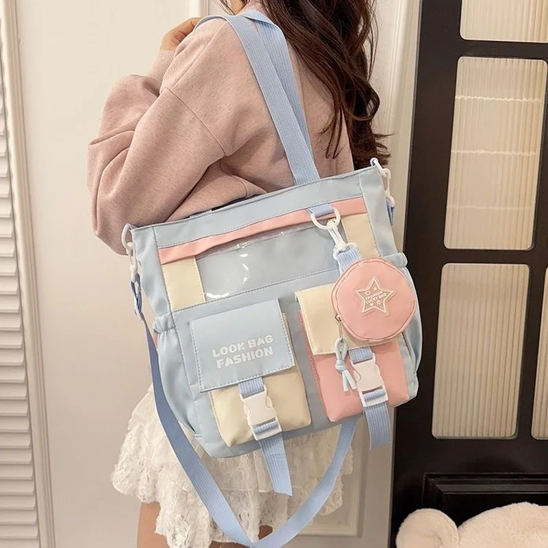 Kawaii Colorblock Tote Crossbody Bag with Mini Coin Pouch for Students Daily School Travel Use