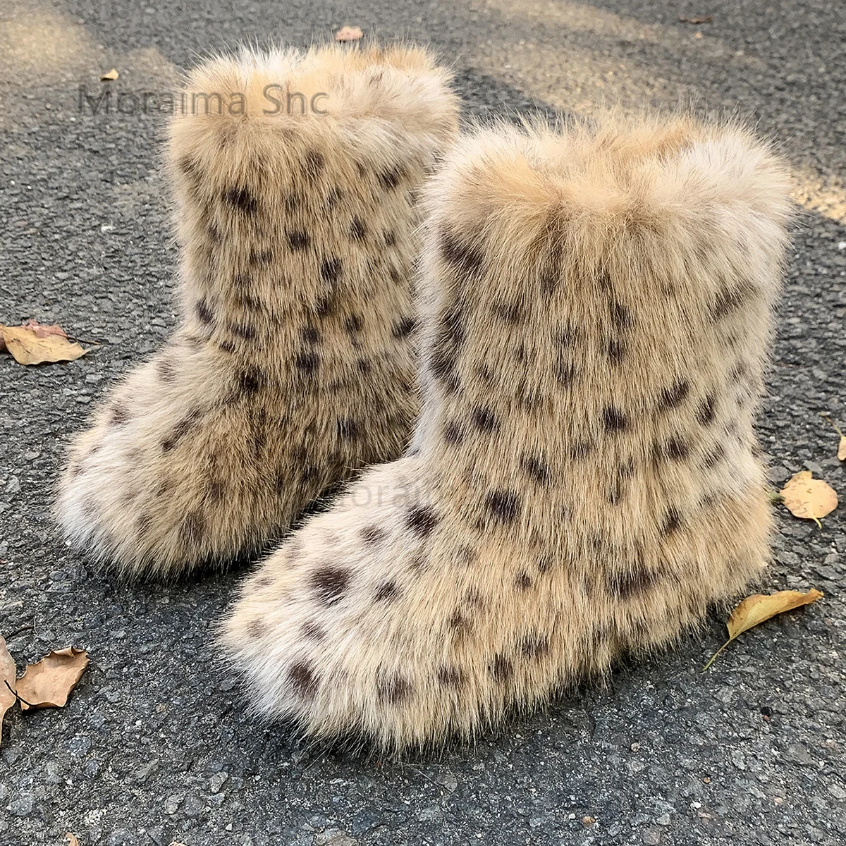 

Faux Fur Winter Boots for Women Round Toe Khaki Army Green Pink Dot Warm Snow Boots 3Cm Heel Thick Soled Slip On Ankle Boots