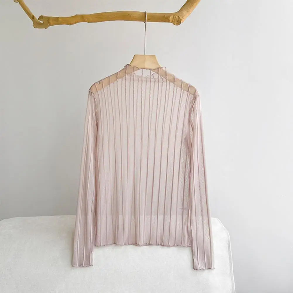 Прозрачная футболка с марлевым низом, женская одежда, летняя футболка с длинными рукавами и марлевой рубашкой, солнцезащитный крем с половиной высокого воротника 2025