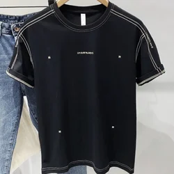 Streetwear Embroidery O Neck Mens Tee Shirts Alphabet Clothing T Shirt for Men Top Stylish Casual Slim Fit Original Rock Striped