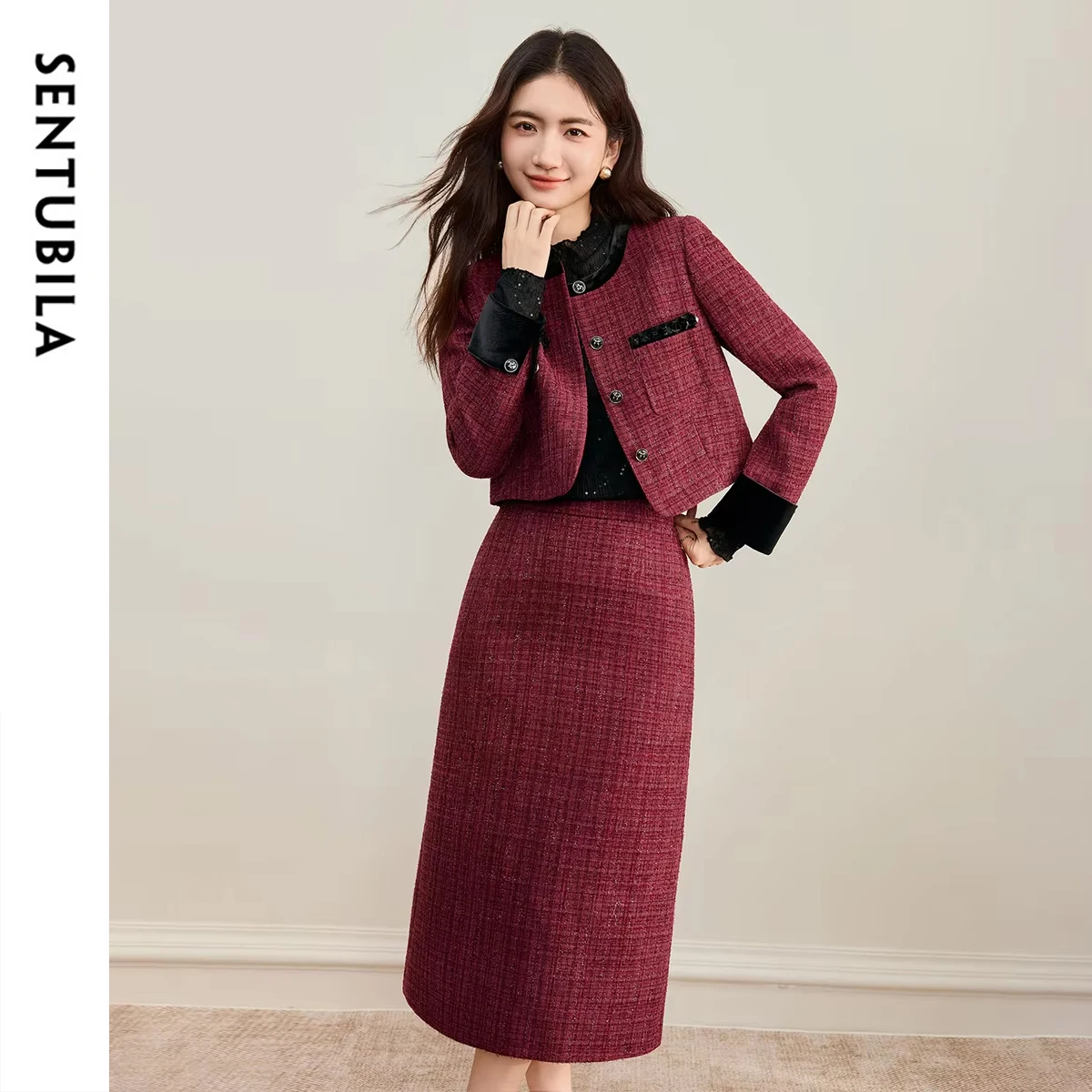SENTUBILA Jacket Sets Slit Women's Hem Skirt Two Piece Round Neck Commute Warm Coat Office Lady Outfit Winter Garment  154ZA3682