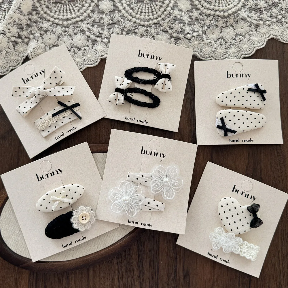 Black White Polka Dot Lace Bow Hair Clip Girls Sweet Princess Head Side Clip Children Broken Hair BB Clip Styling Accessories