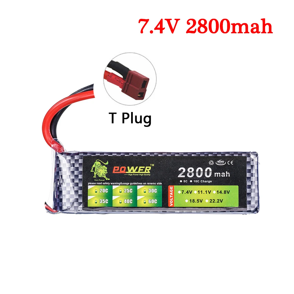 Batería Lipo recargable para cuadricóptero teledirigido, 35C, 7,4 v, 2800maH, para coches, camiones, barcos, drones, piezas de repuesto, 3s, 2800mah, 7,4 v