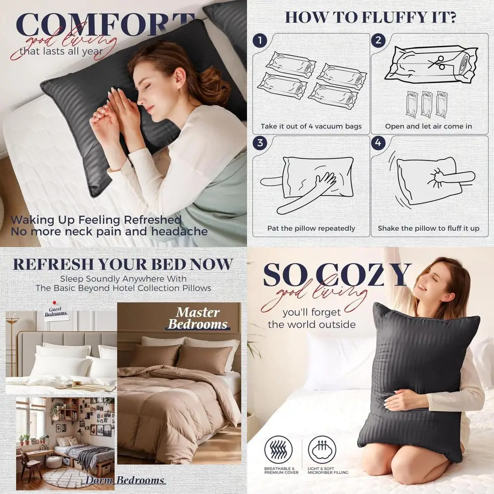 

4-Pack Soft 20x36 King Pillows - Ideal for Back, Stomach, and Side Sleepers in Black