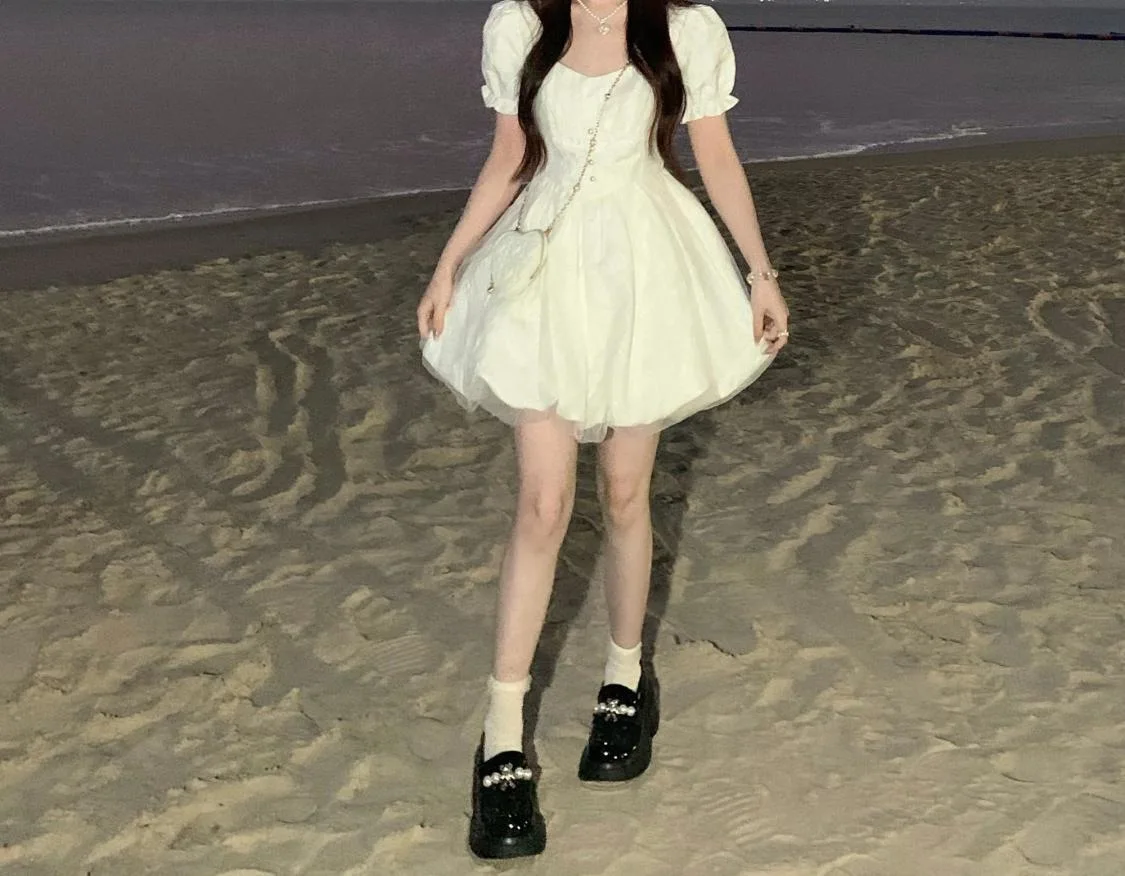 CGC Vintage Puff Sleeves White Short Dresses For Women Summer Elegant Party Dresses Korean Fashion Female Kawaii Lolita Dress