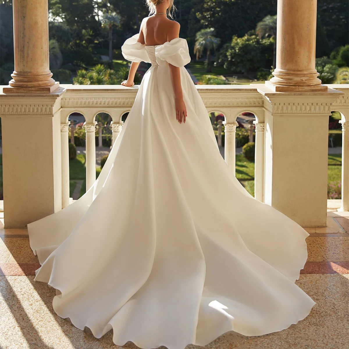 Elegant Sweetheart Satin Wedding Dresses With Slit A Line Puffy Sleeve Bridal Party Gown For Women Long Ball Gown For Bride