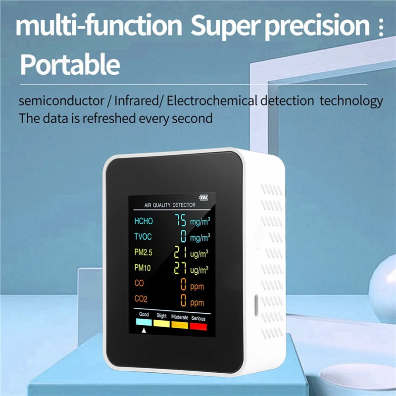 

L72A-4X 6 в 1 PM2.5 PM10 HCHO TVOC CO CO2 Детектор качества воздуха CO2 Монитор формальдегида Домашний офис Тестер качества воздуха
