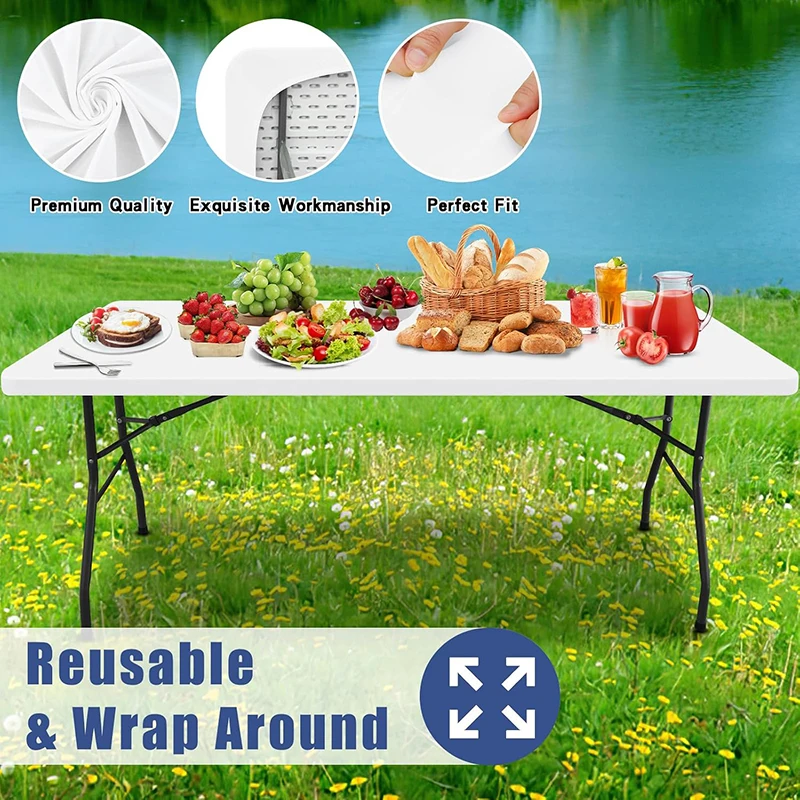 Fitted Tablecloth for 6 Foot Rectangle/Round White Elastic Spandex Stretch Table Covers for Camping Dining Room Kitchen Weddings