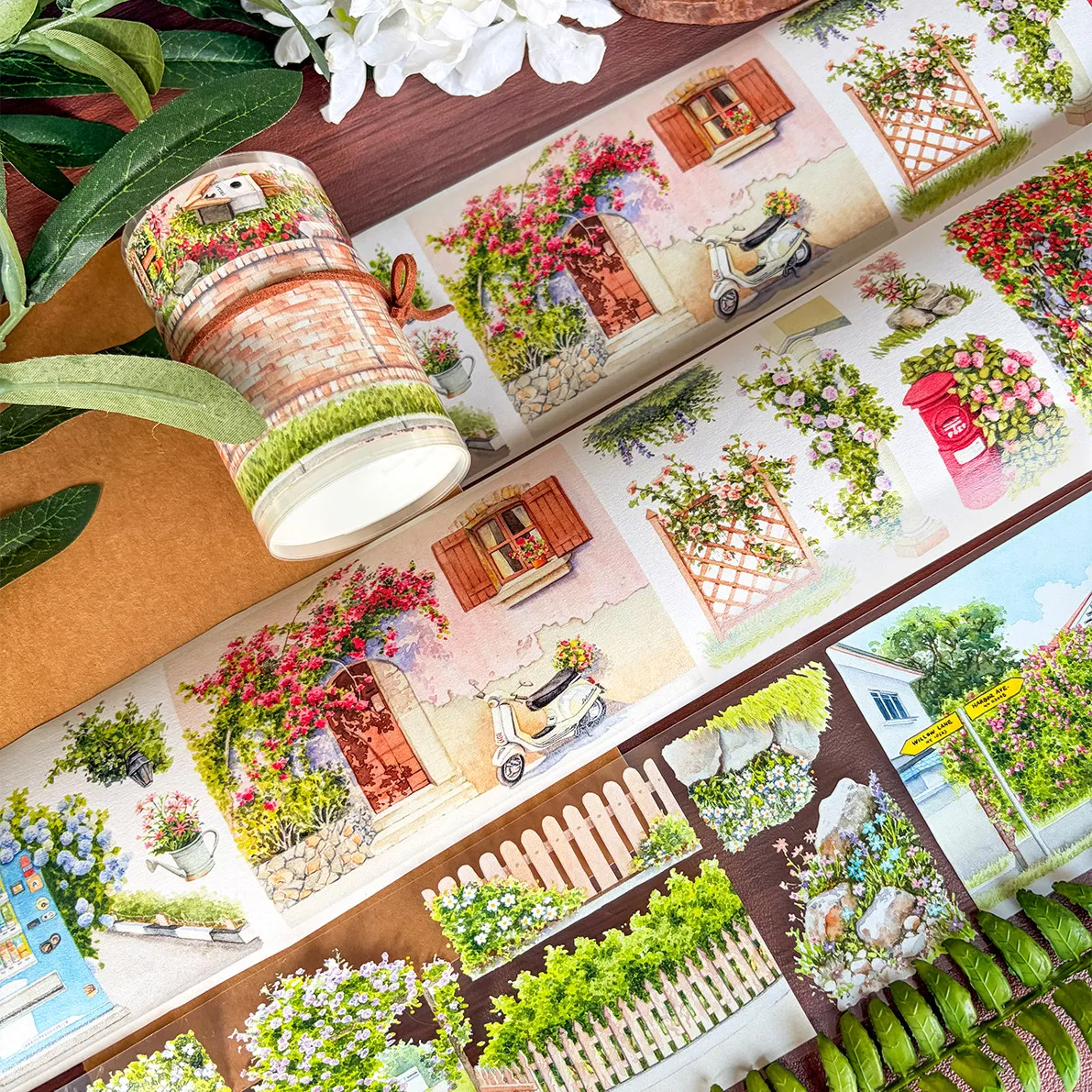 New Scenery Washi Tape Full Wall Spring Flower Shadow Fence Building Landscape PET Sticker for Journal Scrapbooking