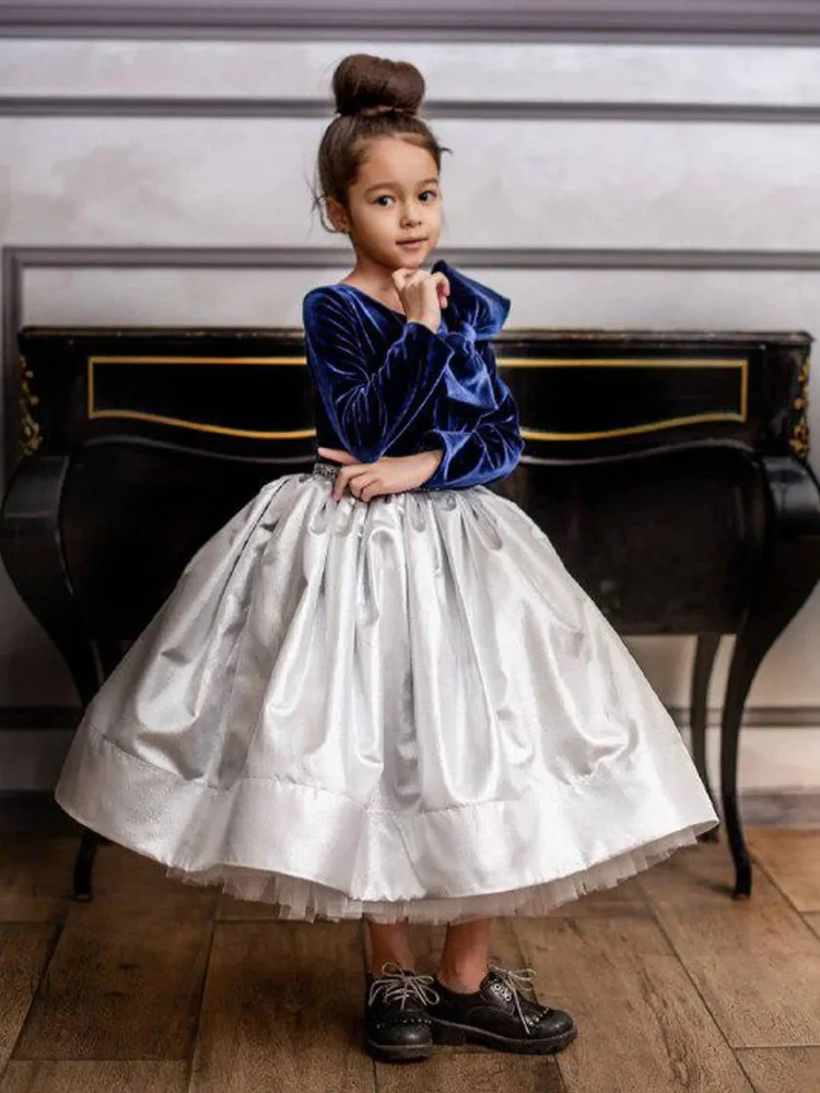 Custom Blocking Color Flower Girl Dress Long Sleeve V Neck Large Bow Decor For Christmas Birthday Concert Stage Performance