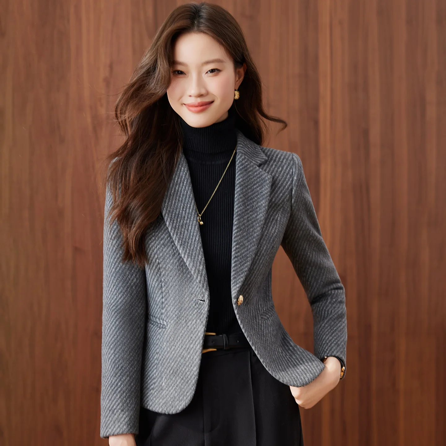 Women's Blend Wool Jackets New Silm Short Stripes Suit Jacket Autumn Winter Ladies Woolen Blazer Female Casual Tops Outerwear