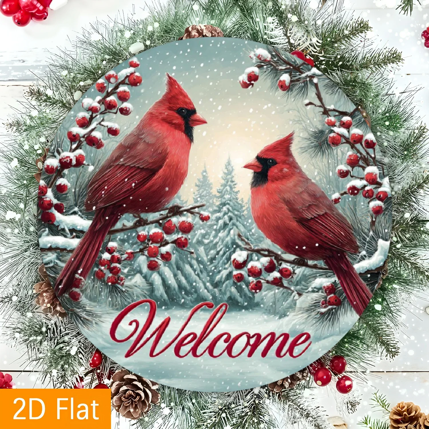 2D Flat Vintage Welcome Wreath Centerpiece, 1pc Vintage Aluminum Art Welcome Wreath Centerpiece - Round Metal Sign with Red Bird