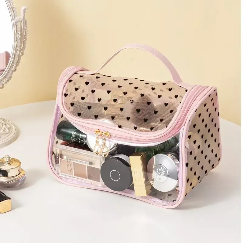 Clear Mesh Design Travel Makeup Bag Large Capacity Cosmetic Organizer with Handle Nylon Makeup Pouch Available