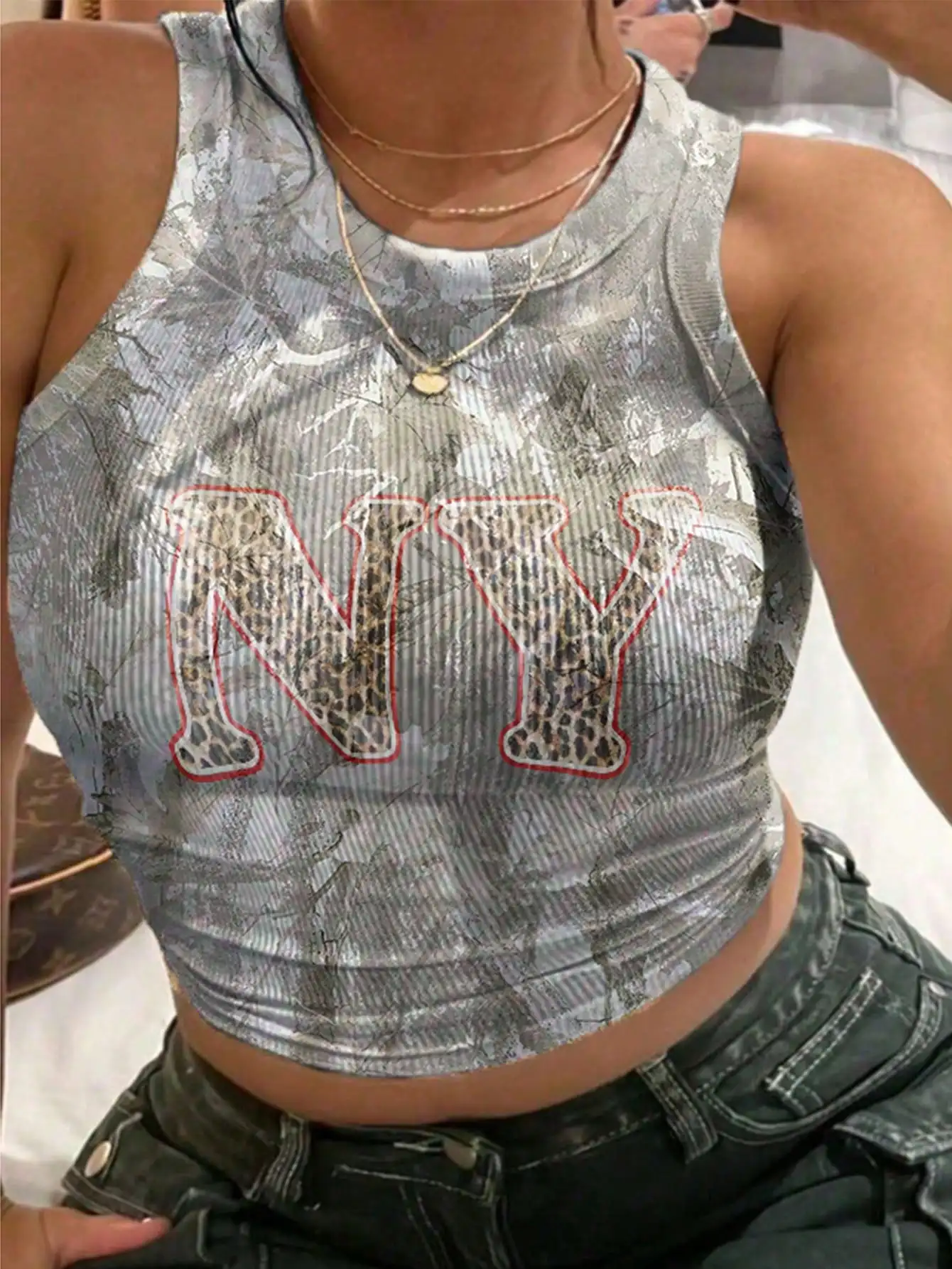 

Women's Sleeveless Crop Tank Top with NY Leopard Print and All-Over Graphic Design