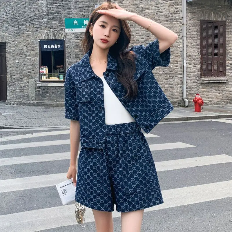 Summer Casual Denim Suit Women\'s Shorts Set Short-sleeved Single-breasted Denim Top Jacket Loose Denim Shorts 2pcs Matching Sets