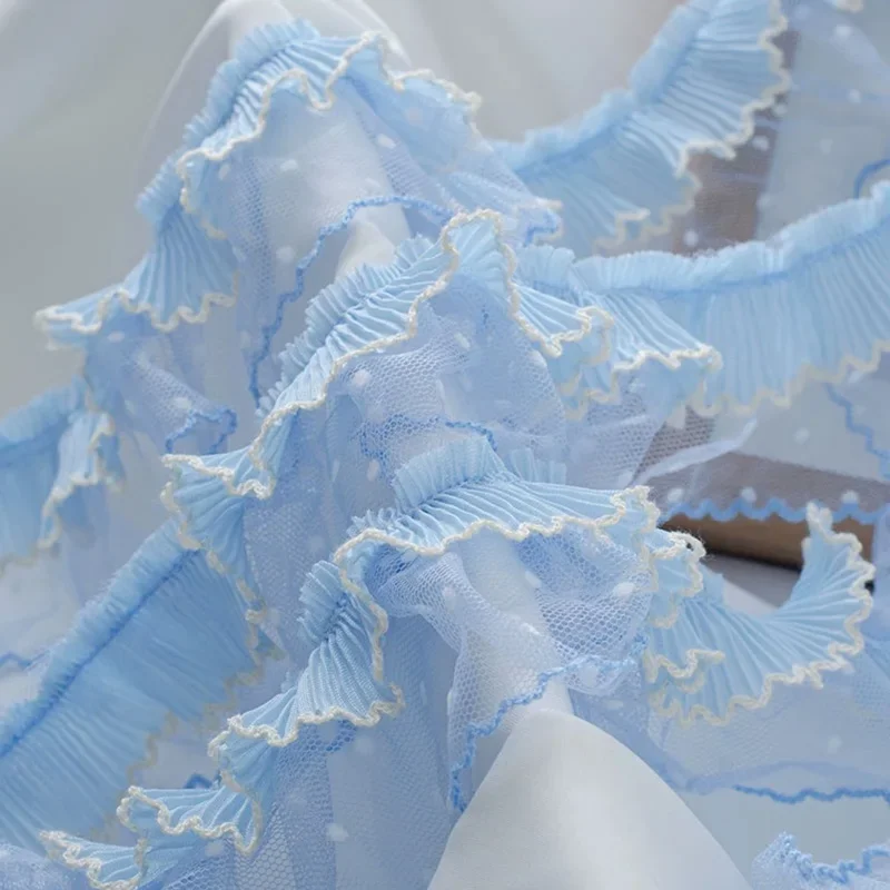 Pleated Tulle Lace Fabric, Light Blue, Fringed Trim, Wedding Dress, Ruffle Cuffs, Applique Sewing Accessories, Party, 1 Yard