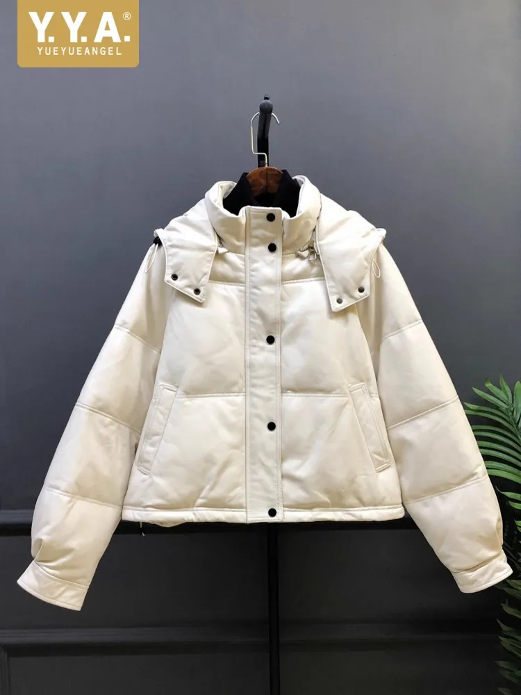 جديد أزياء المرأة المتضخم أسفل سترة مقنعين فضفاضة تناسب جلد الغنم سترة جلدية حقيقية عارضة الشارع الشهير معطف الشتاء الدافئ #1