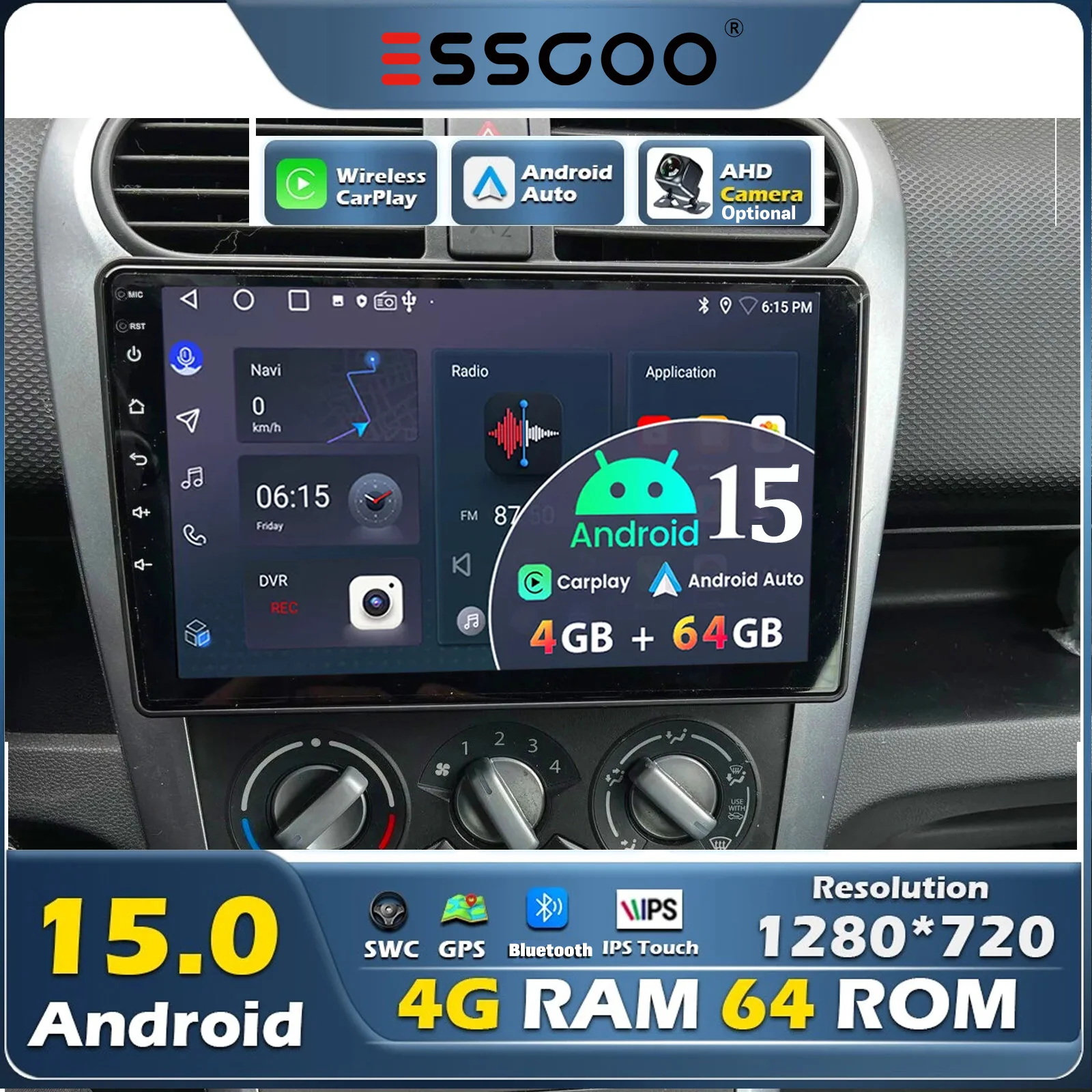 Image of ESSGOO 4 GB + 64 GB, Android 15, Bluetooth, Wi‑Fi, RDS, FM, SWC, NAVI, AM, für OPEL Agila, SUZUKI Splash, Ritz 2008–2014. Multimedia-Videoplayer und Autoradio mit kabellosem CarPlay und Android Auto.