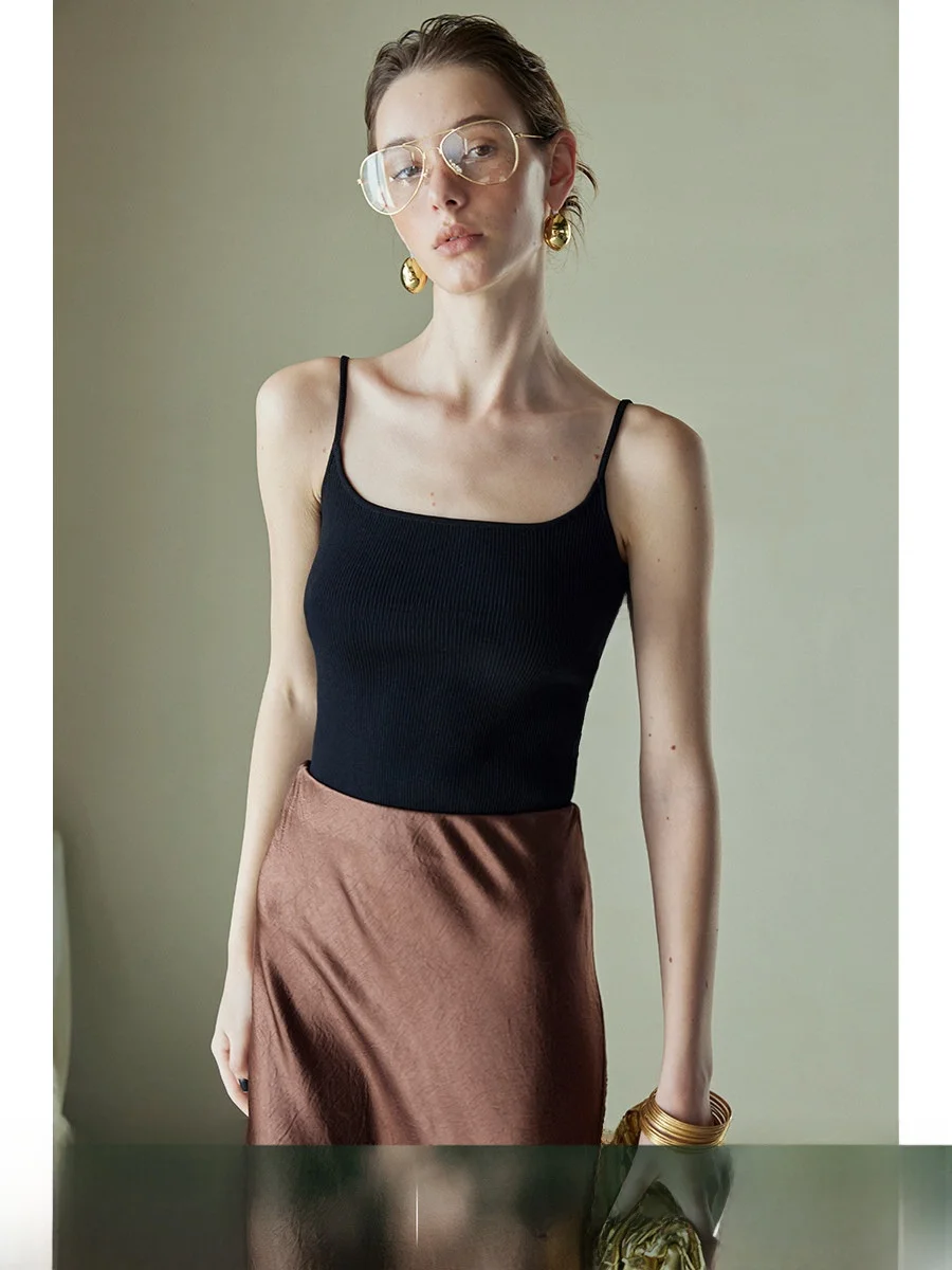 MOGAS High-End Custom-Dyed Knitted Vest Top Women's Spring Fashion Slim Fit Shoulder Strap Long Short One-Shoulder Base Layer