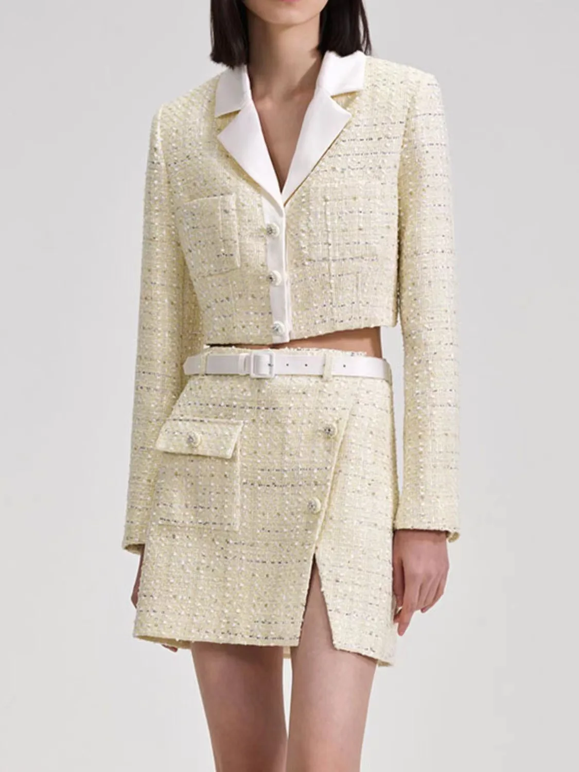 Elegancki garnitur Crop Blazer+spódnica dla kobiet Żółty Słodki Modny Tweed Jesienna Mini Spódniczka Zestawy 2-częściowe conjuntos de mujer